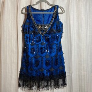 Royal Blue Flapper Mini Dress Black Sequin Fringe Rhinestone Gatsby Costume M